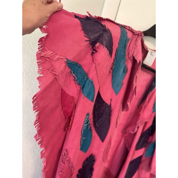 Vintage Coat Womens XL Laise Adzer Pink Leather Feather Fringe Maxi Vest Duster - Picture 3 of 16